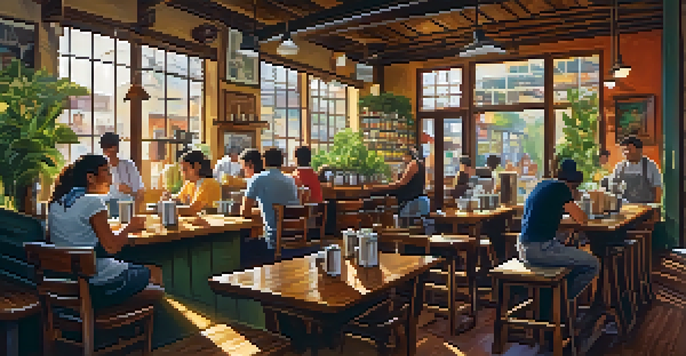A vibrant Brazilian coffee shop with friends enjoying coffee, bright sunlight, and a barista preparing drinks.