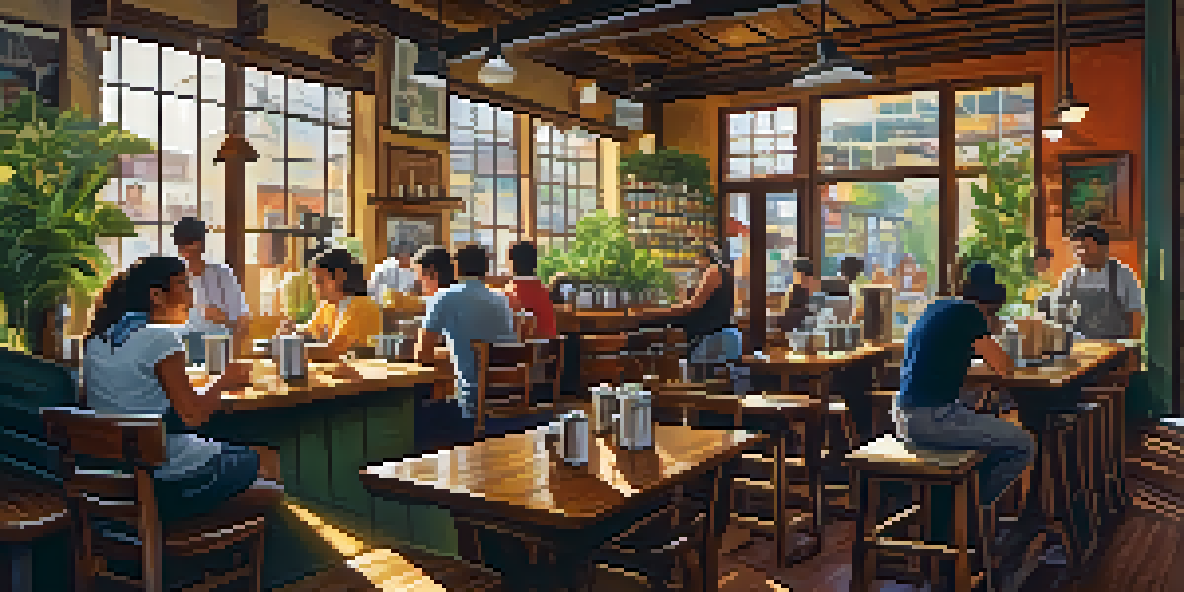 A vibrant Brazilian coffee shop with friends enjoying coffee, bright sunlight, and a barista preparing drinks.