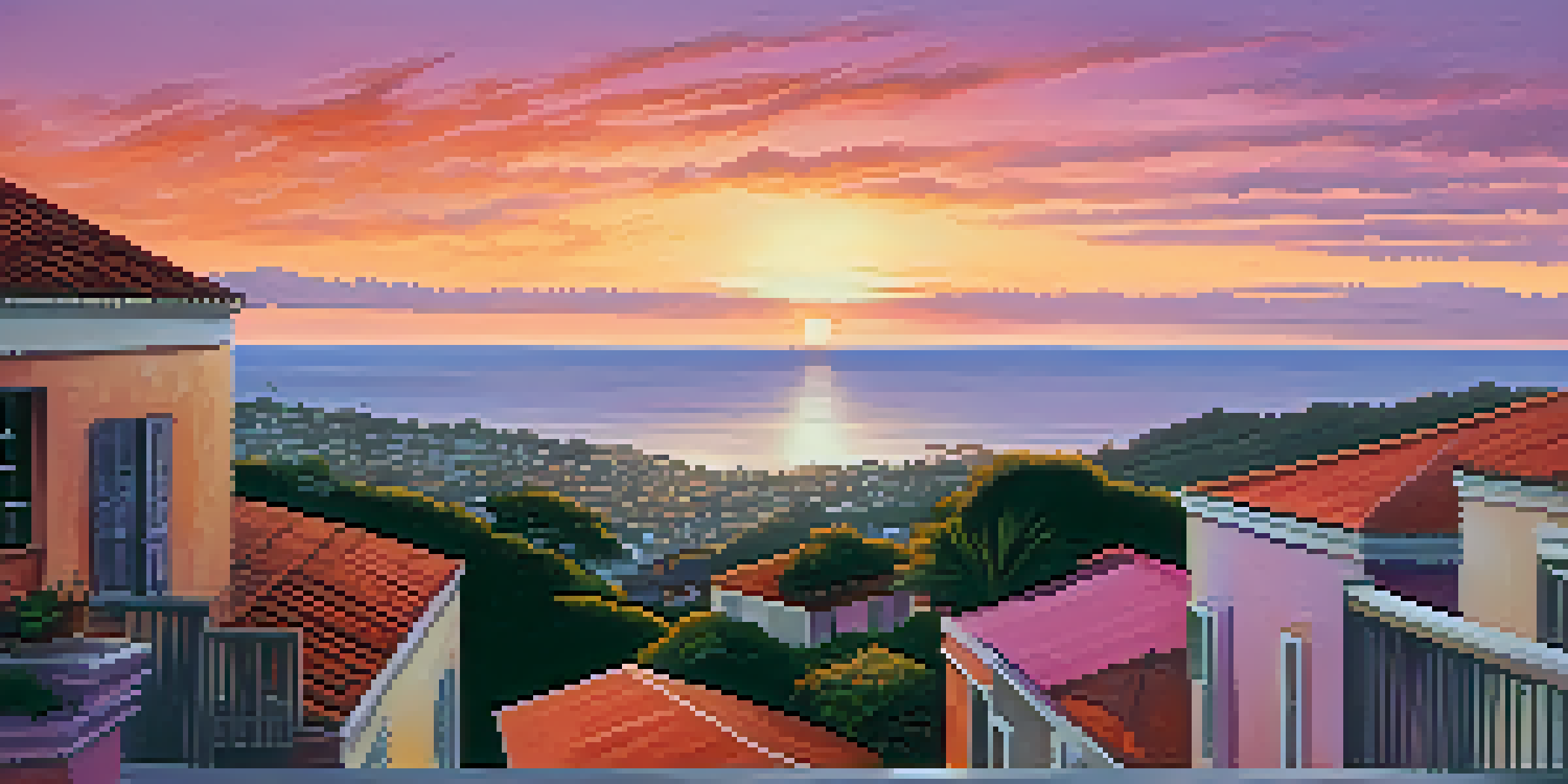 A sunset over Olinda with the ocean and colonial rooftops silhouetted against a colorful sky.