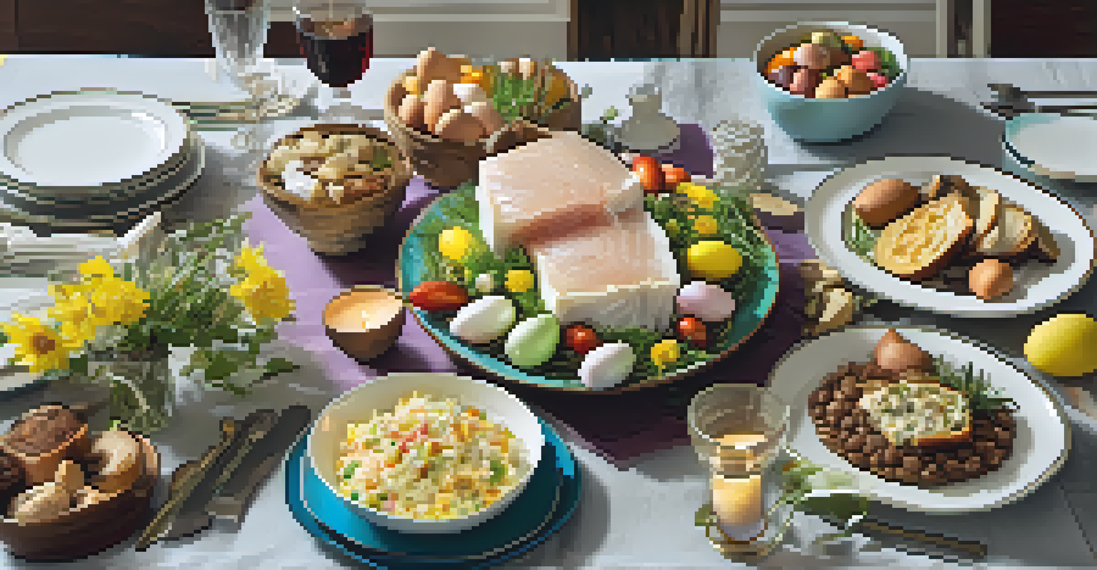 A festive Easter table setting with bacalhau and colorful dishes, decorated chocolate eggs, and flowers, creating a warm atmosphere.