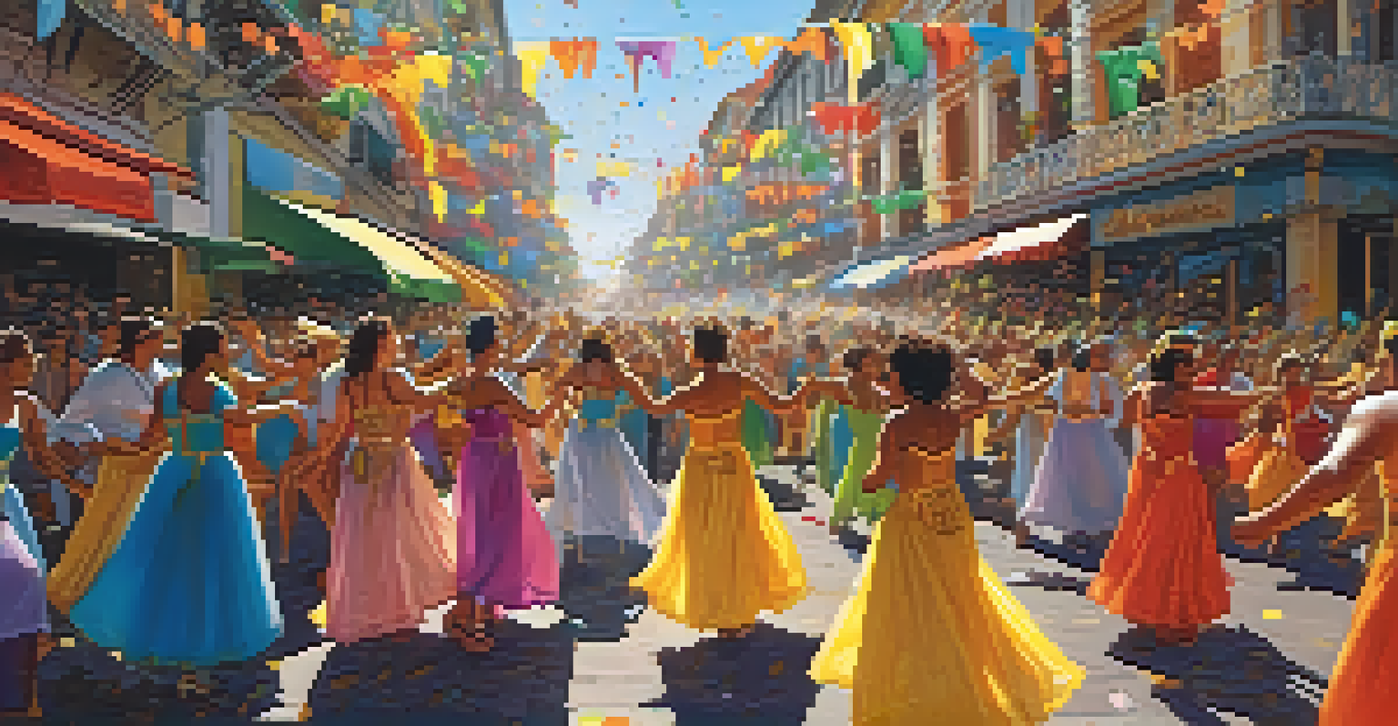 A lively street scene during Carnival in Brazil, showcasing colorful costumes and dancers in a festive atmosphere.