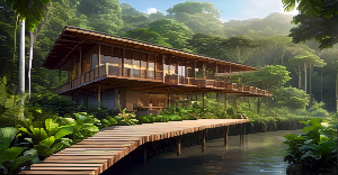 A beautiful eco-lodge surrounded by lush rainforest, featuring sustainable architecture and a clear river nearby, illuminated by soft sunlight.