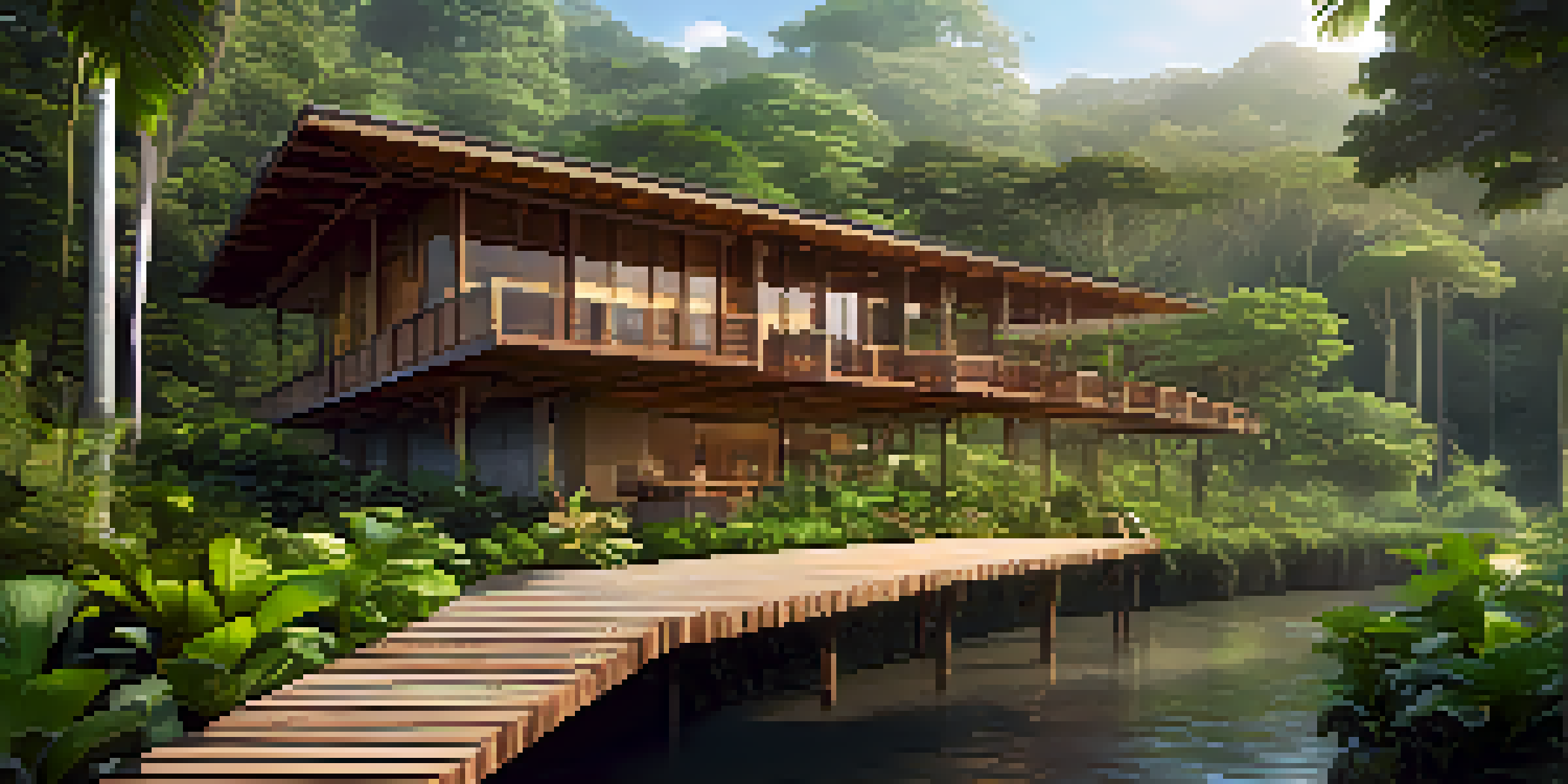 A beautiful eco-lodge surrounded by lush rainforest, featuring sustainable architecture and a clear river nearby, illuminated by soft sunlight.