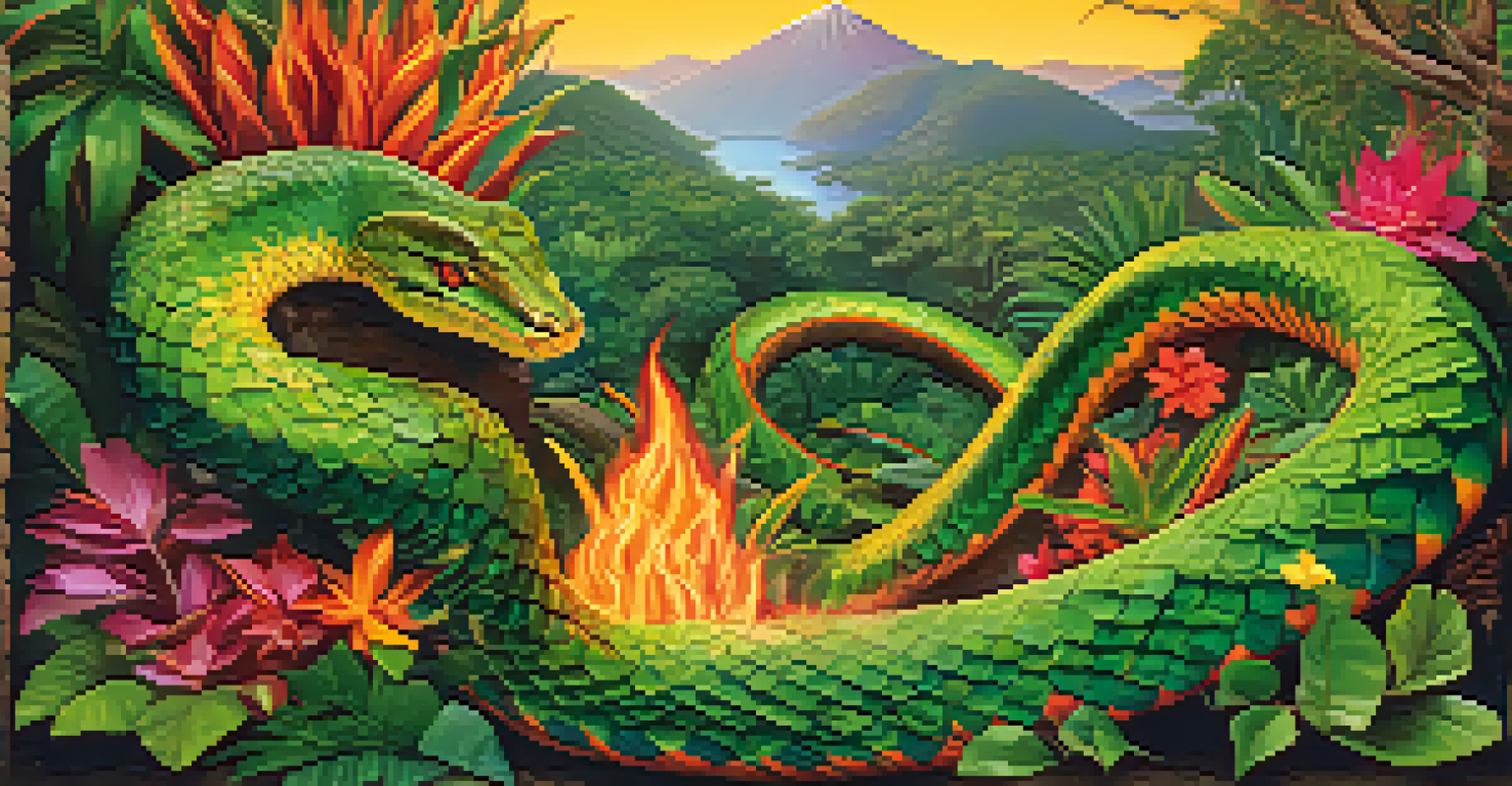 An artistic depiction of Boitatá transforming through various natural elements, with a vibrant landscape in the background.