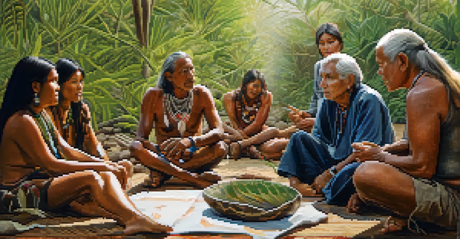 An indigenous elder sharing stories with tourists, surrounded by natural elements, showcasing a moment of cultural exchange.