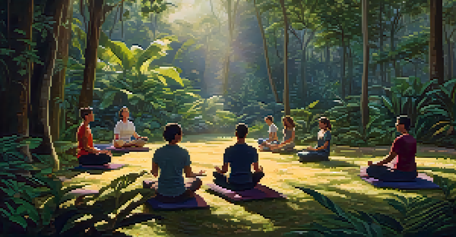 Participants in a guided meditation session in a clearing surrounded by jungle vegetation and sunlight.