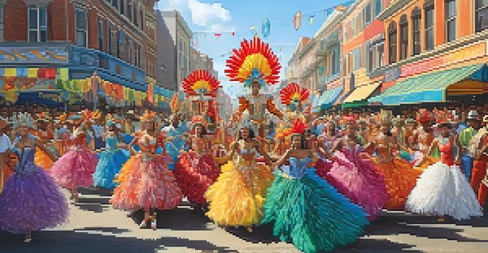 A lively Carnaval parade with dancers in colorful costumes and elaborate floats, showcasing a festive atmosphere.