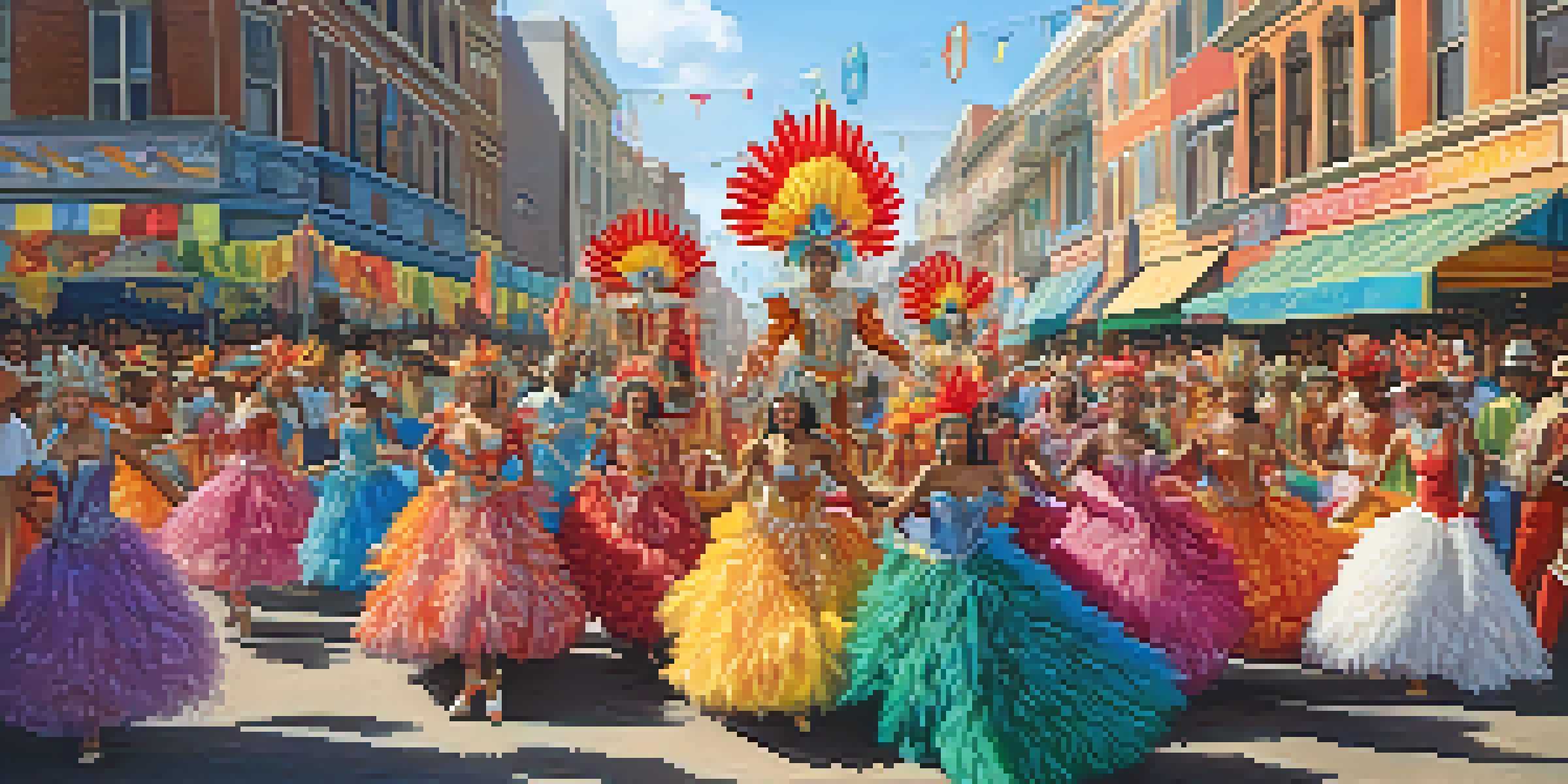 A lively Carnaval parade with dancers in colorful costumes and elaborate floats, showcasing a festive atmosphere.