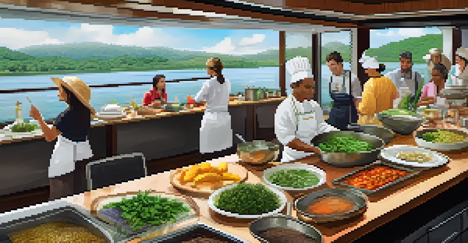 Travelers participating in a cooking class on a river cruise, watching a chef prepare Brazilian dishes with fresh ingredients and a river view in the background.