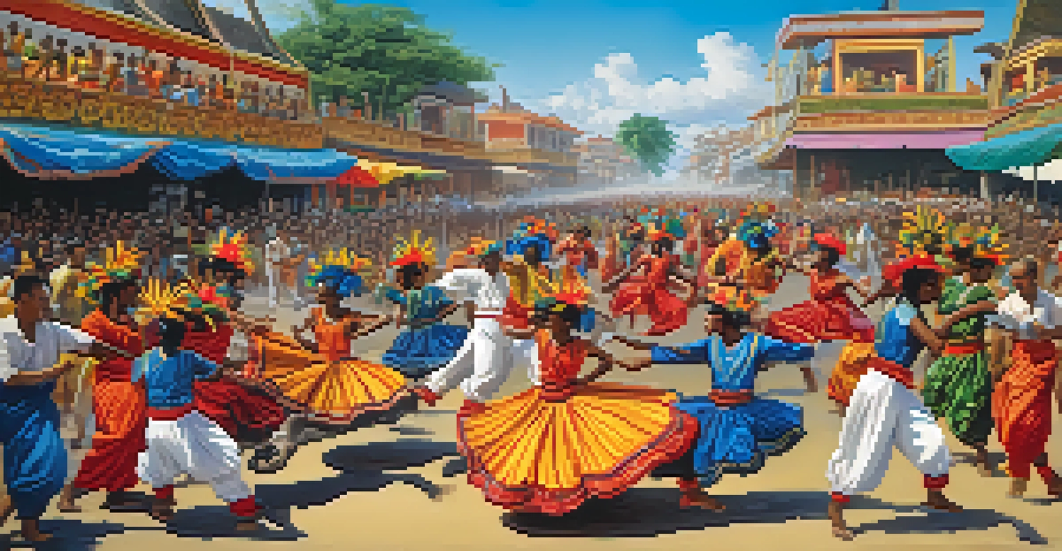 A vibrant festival scene with dancers in colorful costumes celebrating Boi Bumbá, featuring a decorated ox and a joyful crowd.
