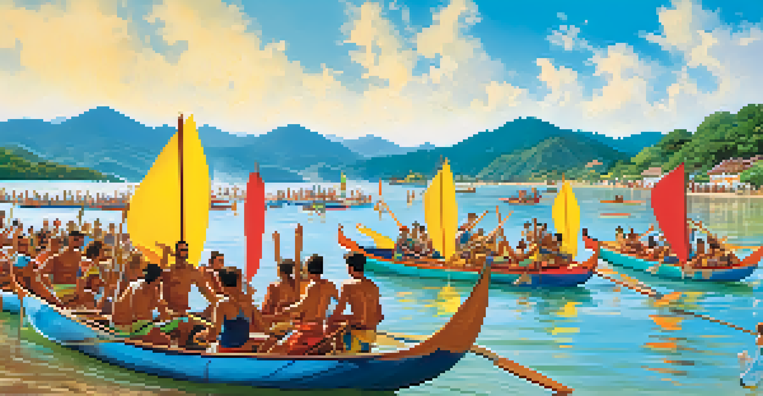 Colorful canoes racing in the Regata de Canoa Furada, with spectators and food stalls along the shore.