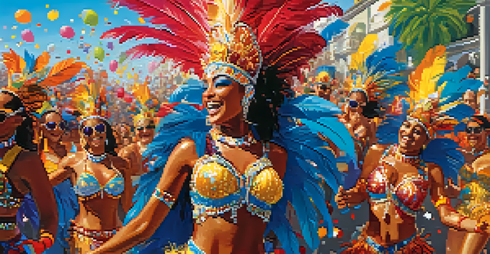A colorful scene of Rio Carnival with dancers in elaborate costumes and a cheering crowd.