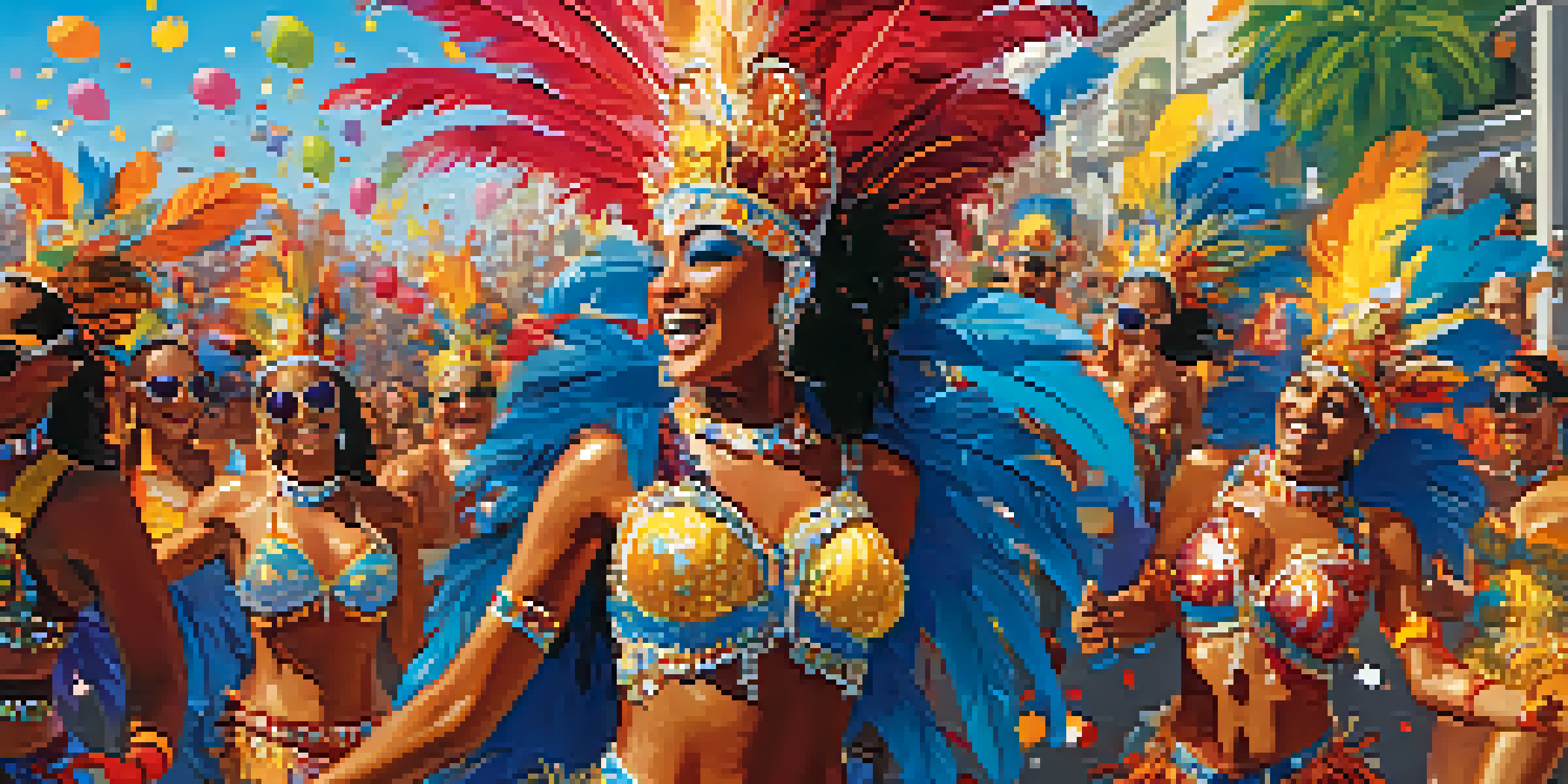 A colorful scene of Rio Carnival with dancers in elaborate costumes and a cheering crowd.