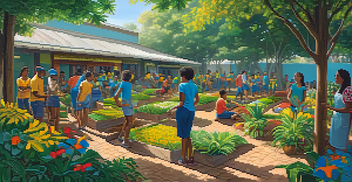 A diverse group of volunteers planting trees in a lush garden with a colorful mural in the background, showcasing Brazilian culture.