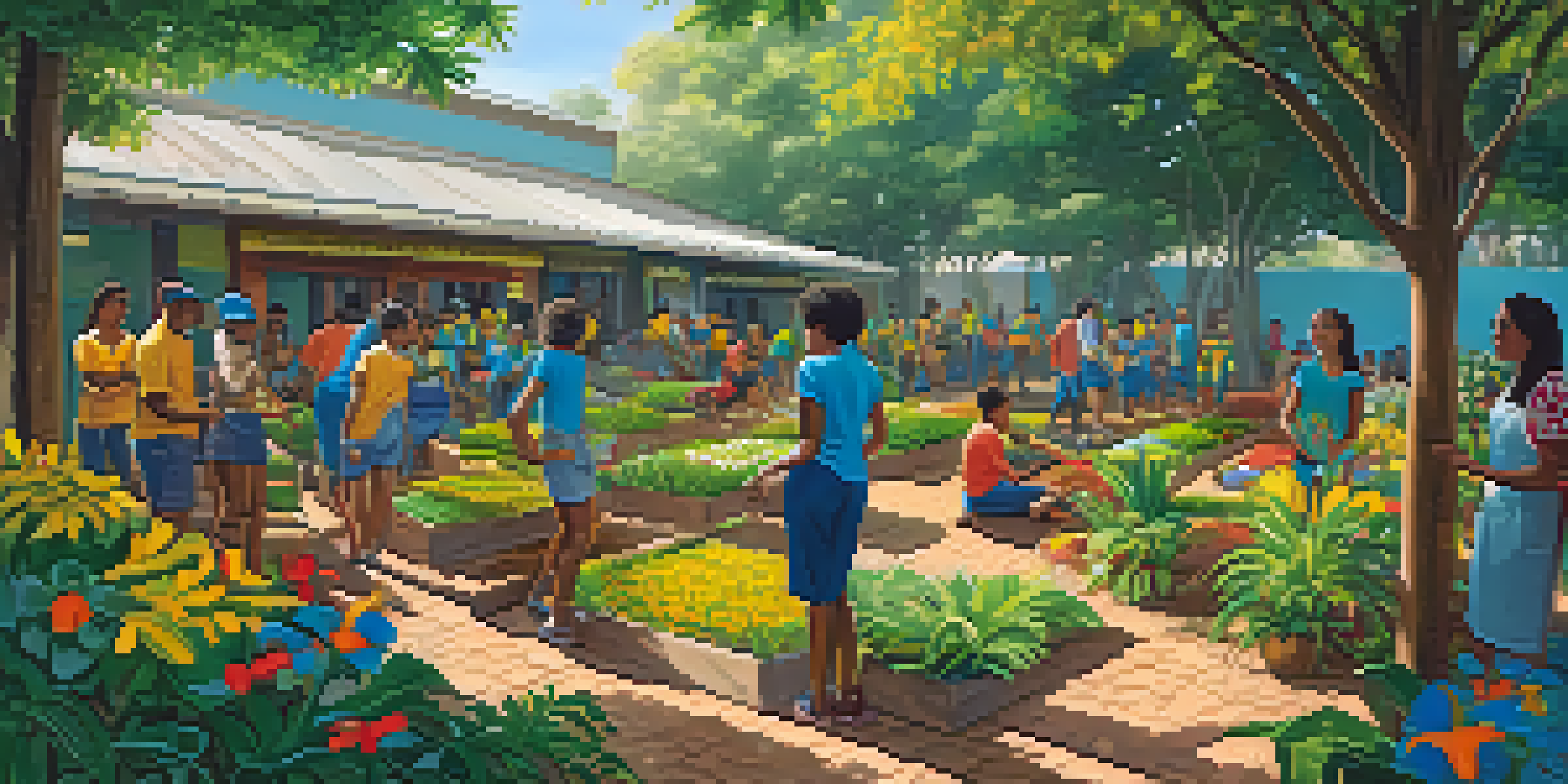 A diverse group of volunteers planting trees in a lush garden with a colorful mural in the background, showcasing Brazilian culture.