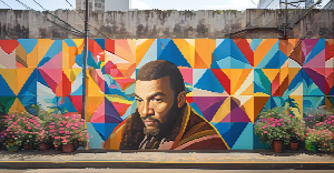 A colorful mural of a historical figure in an urban alley, with geometric patterns and flowers, illuminated by sunlight.