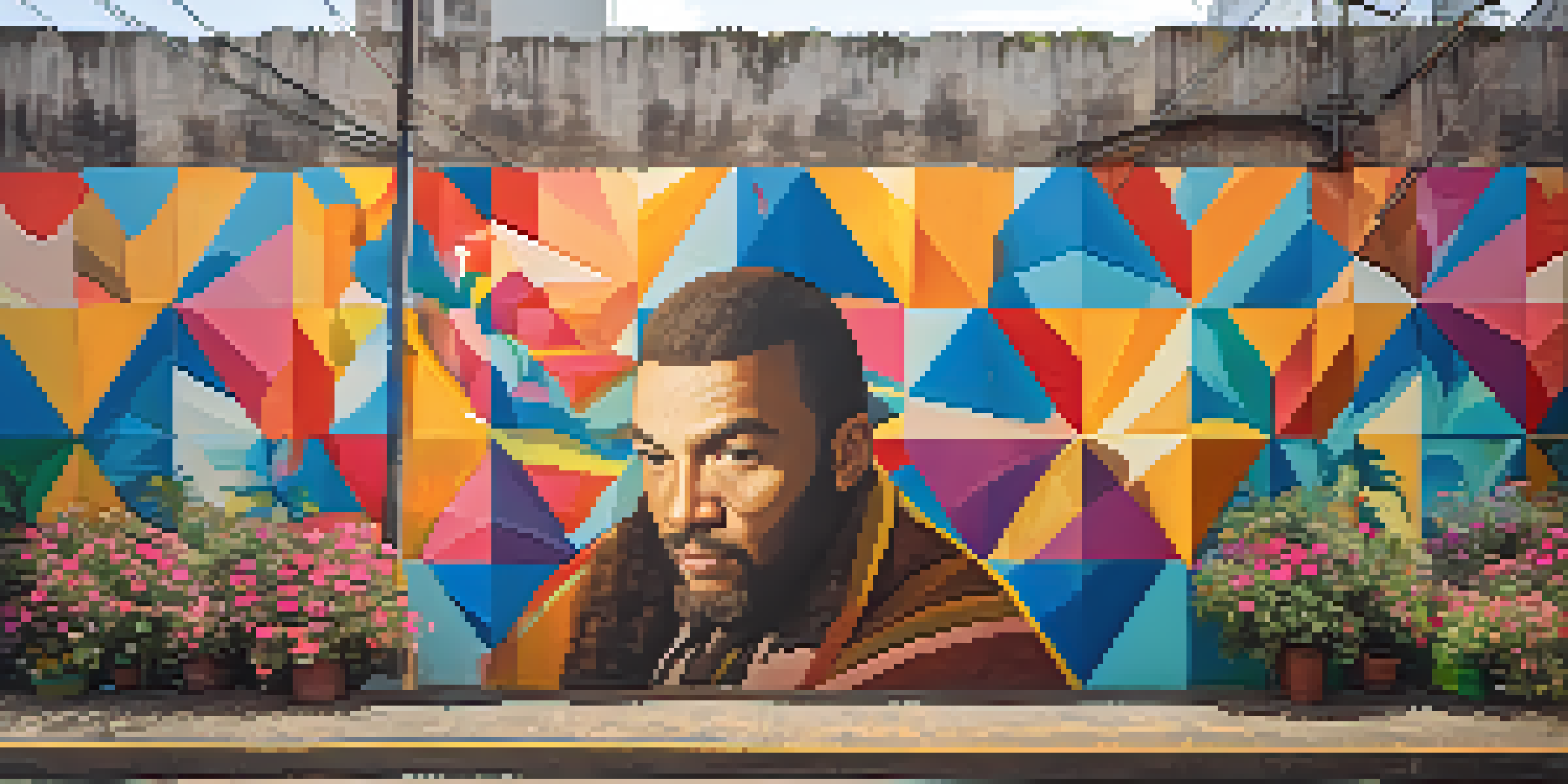 A colorful mural of a historical figure in an urban alley, with geometric patterns and flowers, illuminated by sunlight.