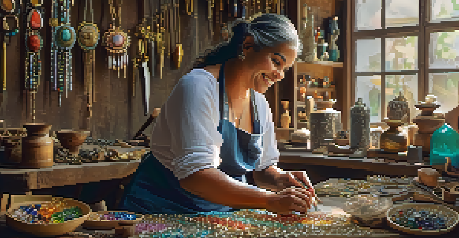 An artisan focused on crafting jewelry in a well-lit Brazilian workshop, surrounded by gemstones and tools.