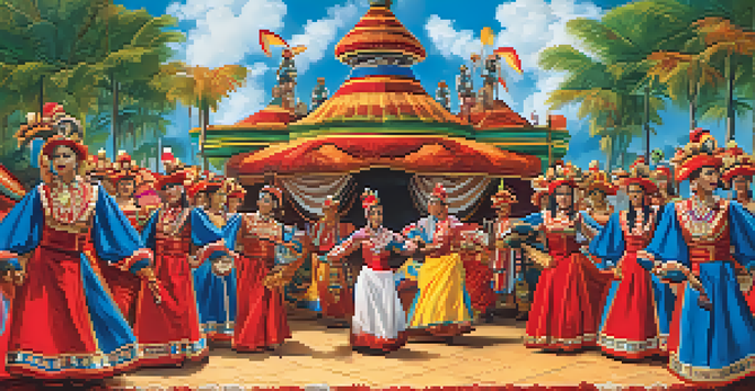 Performers in colorful costumes at the Parintins Folklore Festival, with a lively audience and bright atmosphere.