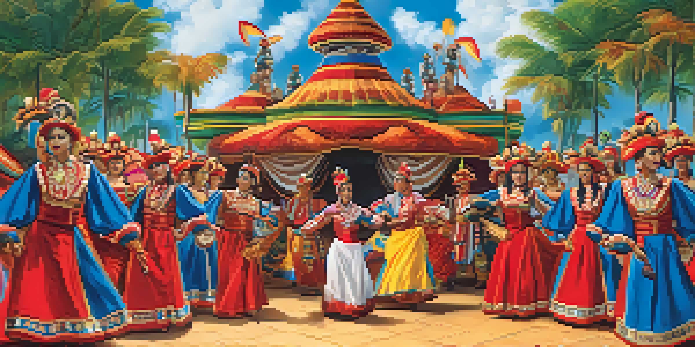 Performers in colorful costumes at the Parintins Folklore Festival, with a lively audience and bright atmosphere.