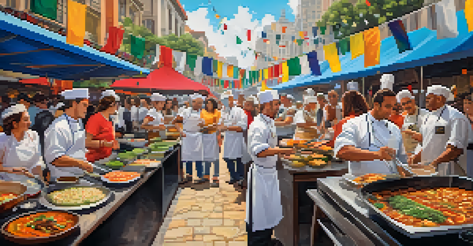 A bustling culinary festival in São Paulo with chefs cooking, colorful banners, and people tasting food.