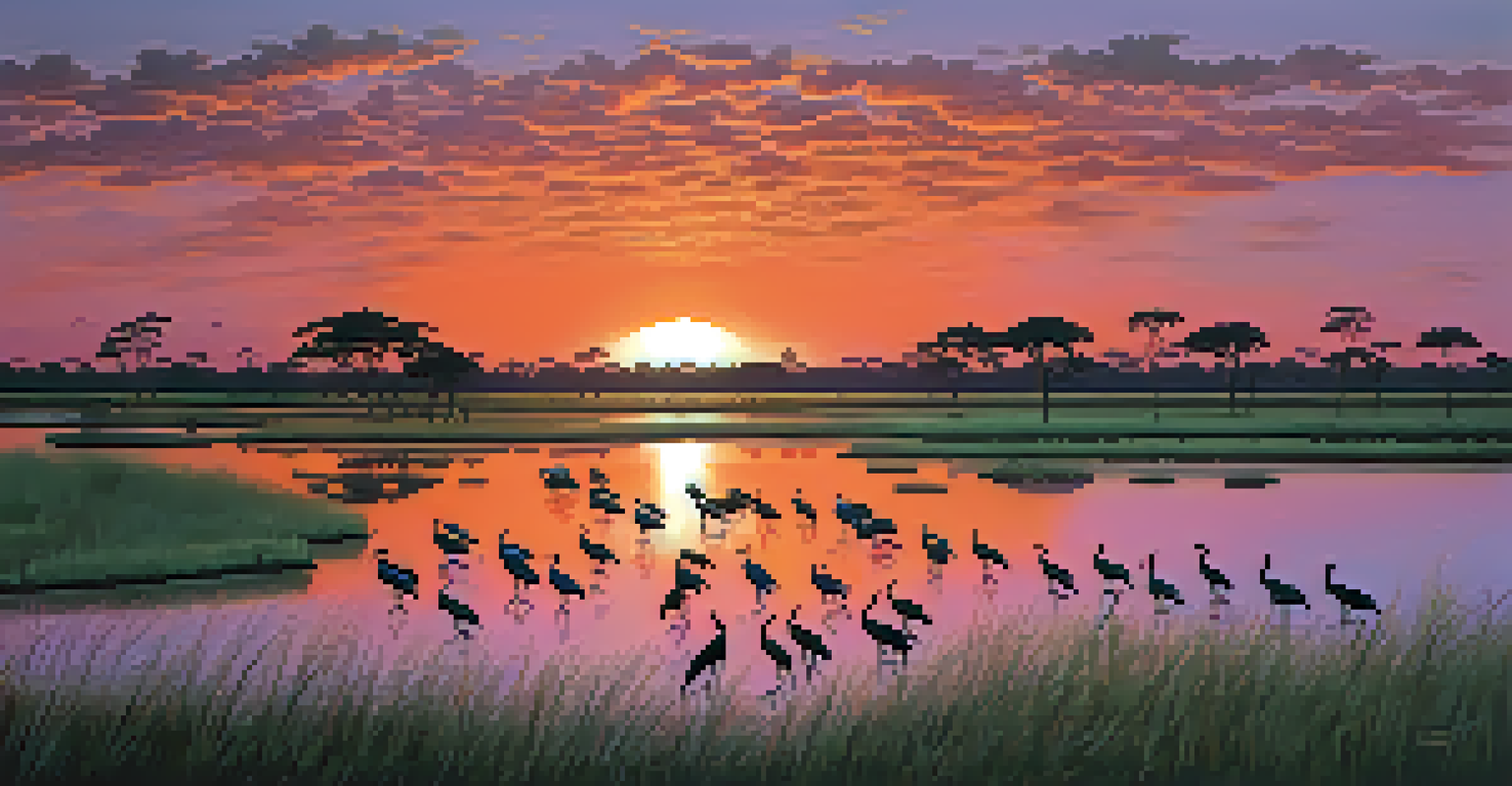 A Pantanal wetland sunset with silhouettes of Jabiru Storks and Hyacinth Macaws against a colorful sky.