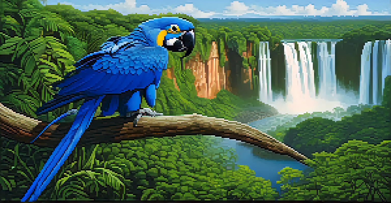 A close-up of a bright blue hyacinth macaw on a branch, surrounded by green leaves with Iguazu Falls in the background.