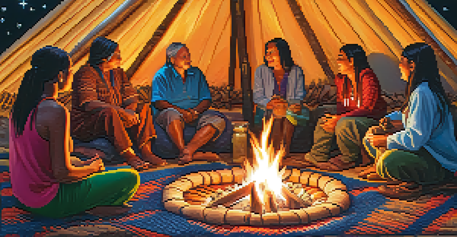 Travelers and Indigenous community members engaged in a storytelling circle around a fire, with a starry night sky above.