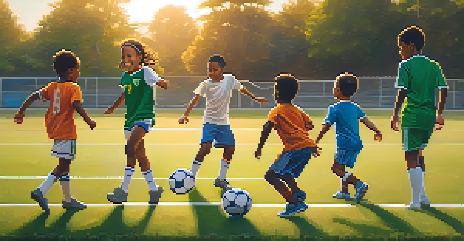 Children of diverse backgrounds playing soccer together on a field during sunset, showcasing teamwork and friendship.