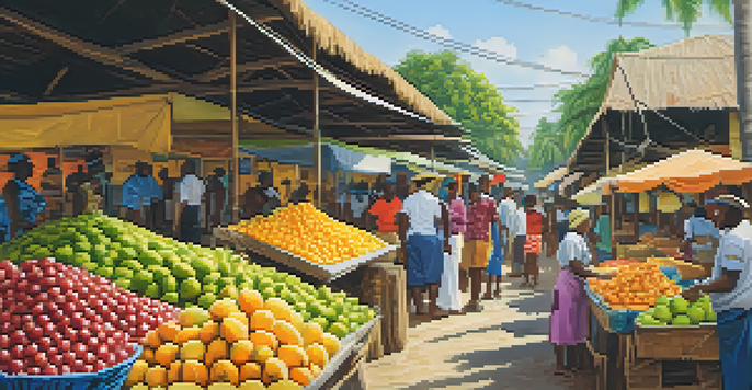 A bustling market in Bahia with colorful tropical fruits and traditional ingredients, vendors engaging with customers under sunlight.