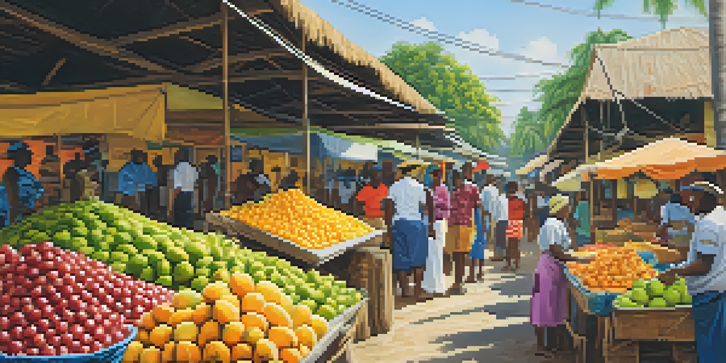 A bustling market in Bahia with colorful tropical fruits and traditional ingredients, vendors engaging with customers under sunlight.