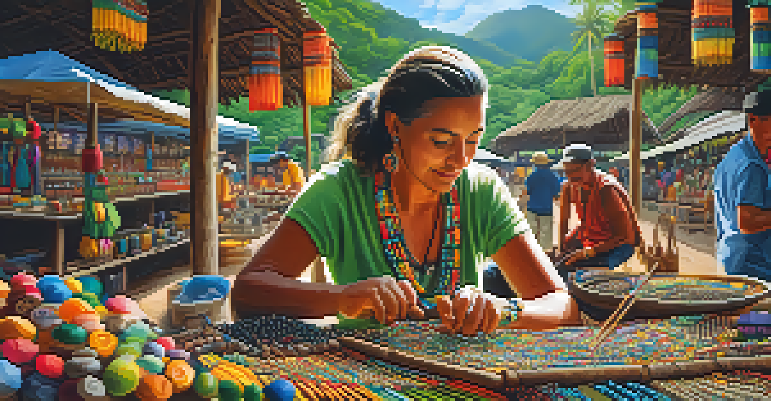 A local artisan making jewelry in a lively market surrounded by greenery.