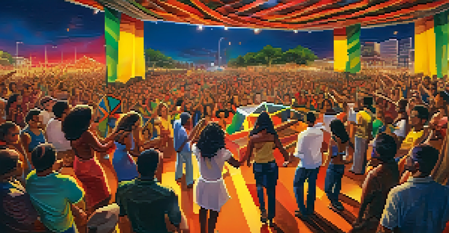 A lively MPB performance at a cultural festival with diverse artists engaging the audience, highlighted by colorful lighting and a vibrant backdrop.