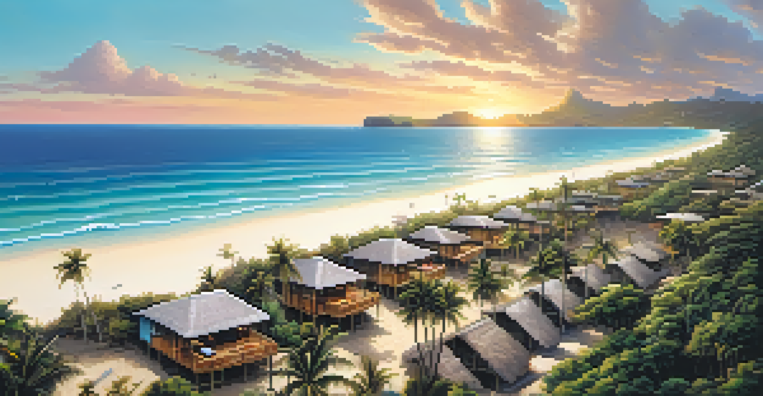 Aerial view of eco-friendly beach bungalows along a pristine Brazilian coastline, with clear waters and palm trees at sunset.