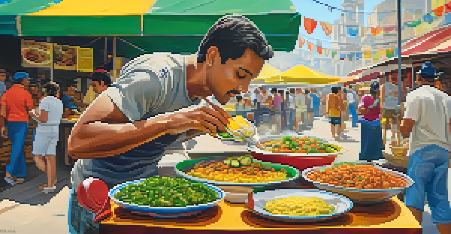 A traveler savoring traditional Brazilian street food at a vibrant stall, surrounded by colorful dishes and a lively ambiance.