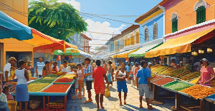 A lively street market in Bahia, Brazil, filled with colorful food stalls and people enjoying local dishes.