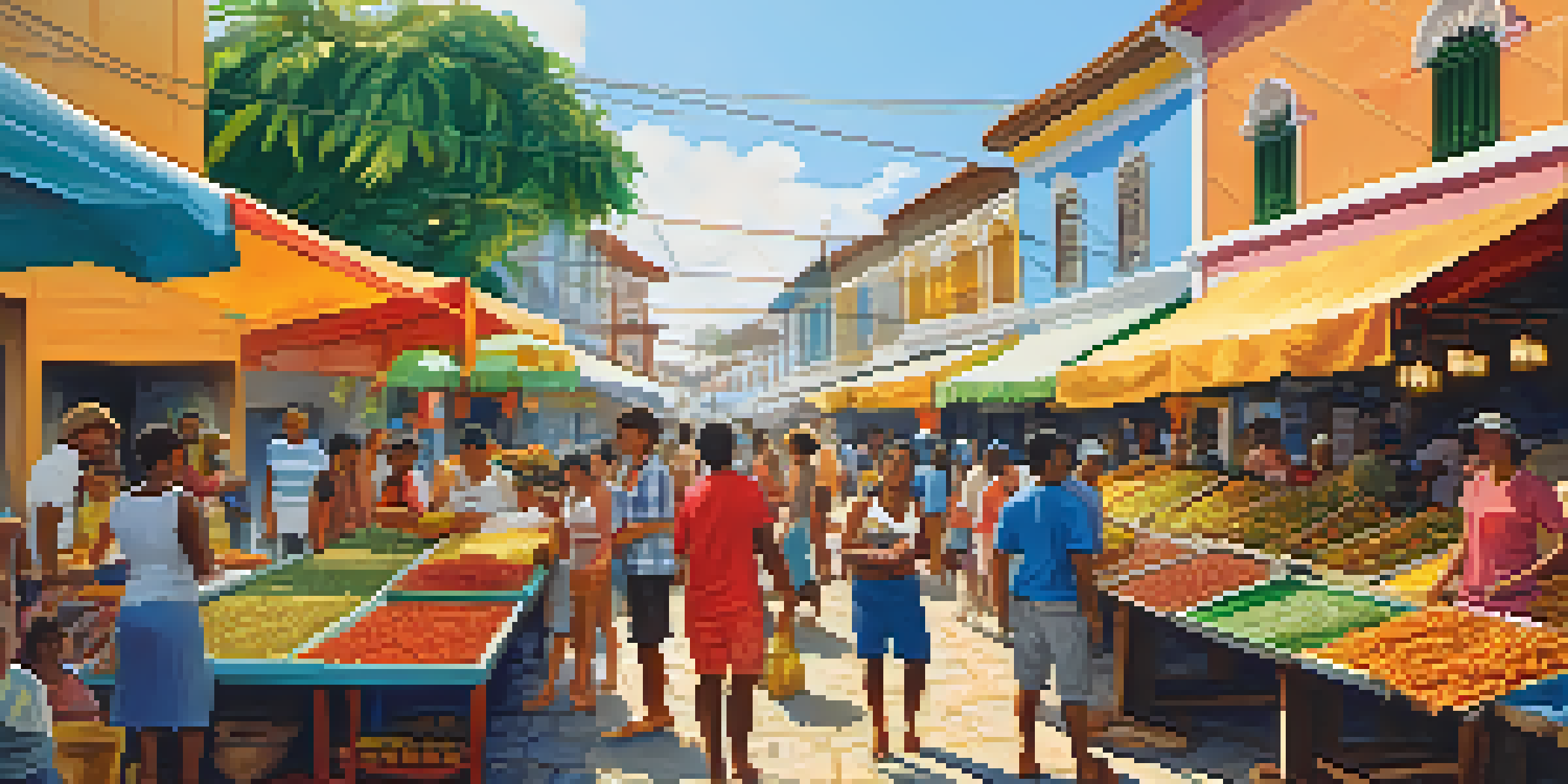 A lively street market in Bahia, Brazil, filled with colorful food stalls and people enjoying local dishes.
