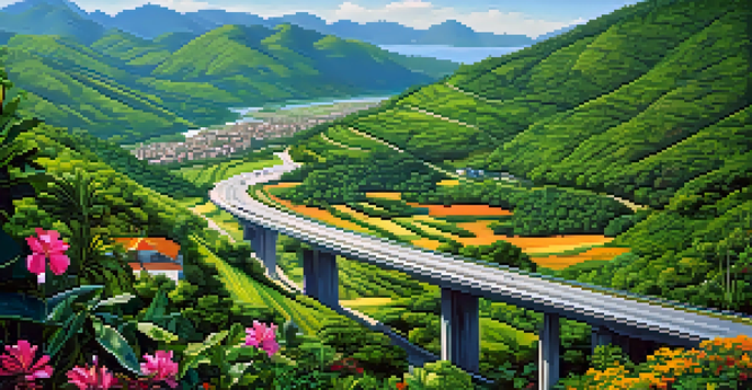 A scenic view of a highway surrounded by green hills and valleys, with colorful wildflowers along the road and mountains in the distance.