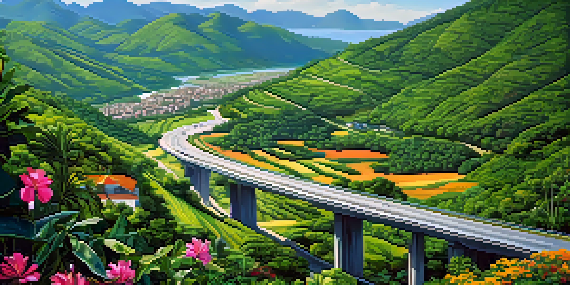 A scenic view of a highway surrounded by green hills and valleys, with colorful wildflowers along the road and mountains in the distance.