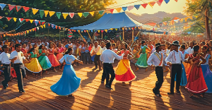 A lively outdoor forró festival with dancers in colorful traditional clothing, musicians playing instruments, and festive decorations under a sunset.