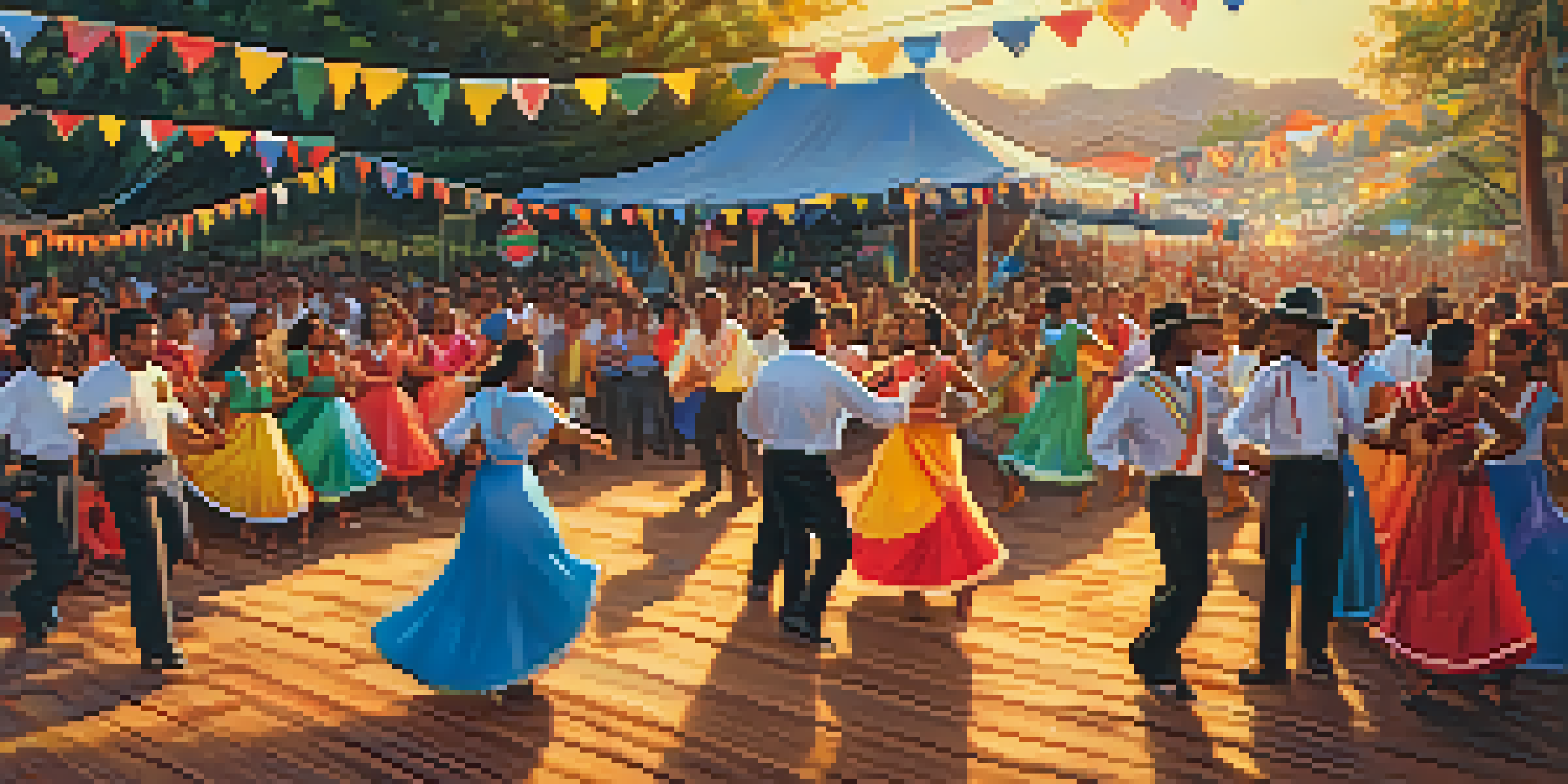 A lively outdoor forró festival with dancers in colorful traditional clothing, musicians playing instruments, and festive decorations under a sunset.