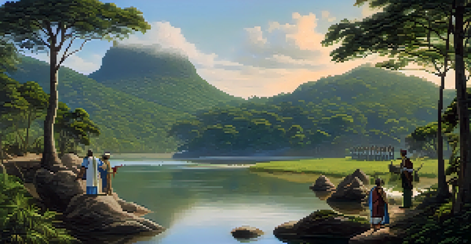 Dom Pedro I standing on a stone outcrop at the Ipiranga River, declaring Brazil's independence, with lush greenery and a partly cloudy sky behind him.