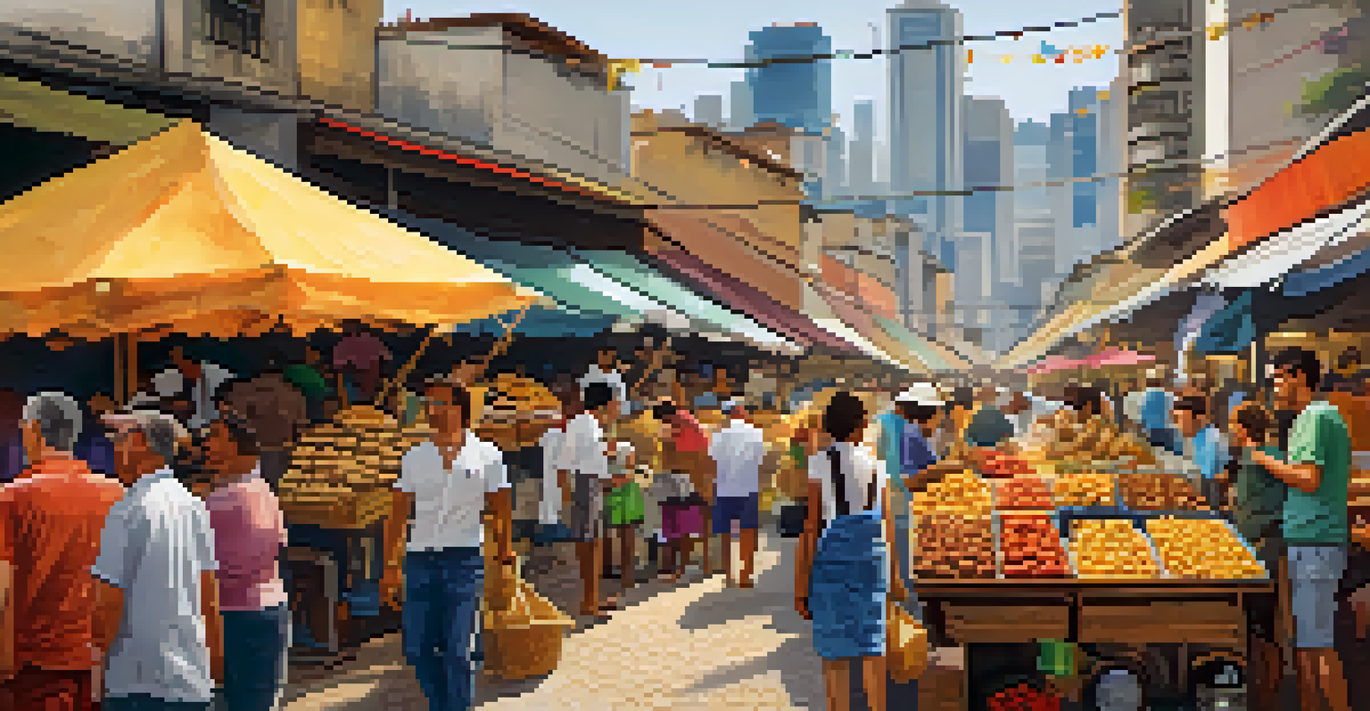 A vibrant open-air market in São Paulo, Brazil, with colorful food stalls and people enjoying local delicacies.