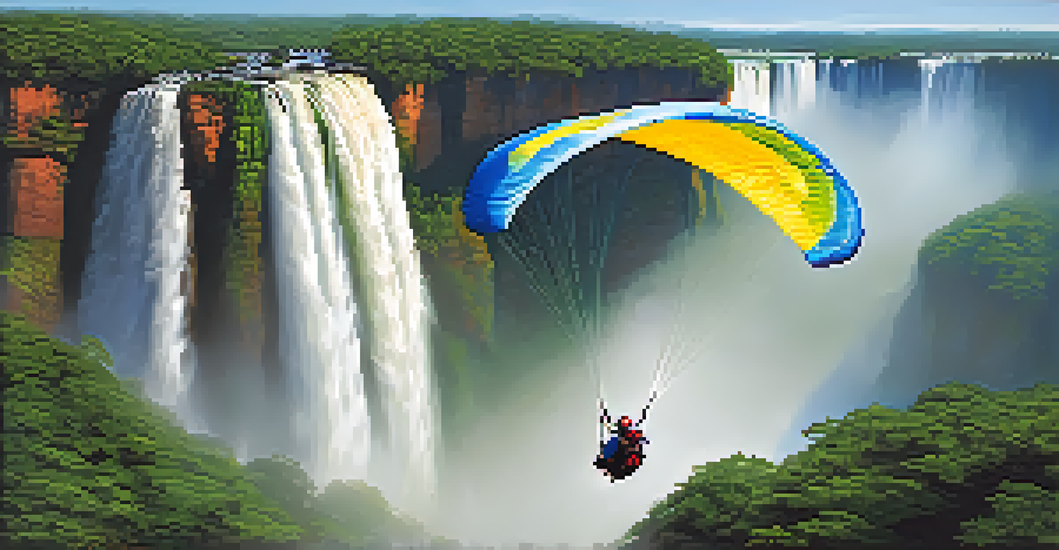 Paraglider flying above Iguaçu Falls, with lush rainforest and mist creating a magical atmosphere.