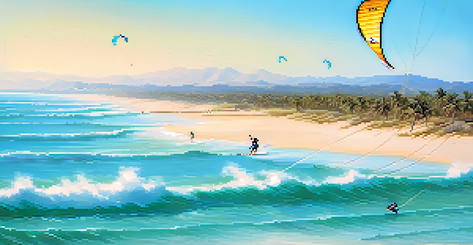 A kitesurfer in action above the turquoise waters of Jericoacoara, with sand dunes and palm trees in the background.