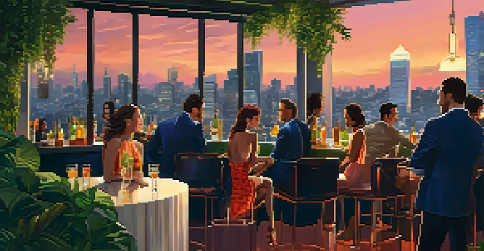 A lively rooftop bar in São Paulo at sunset, with people enjoying drinks against a glowing city skyline.