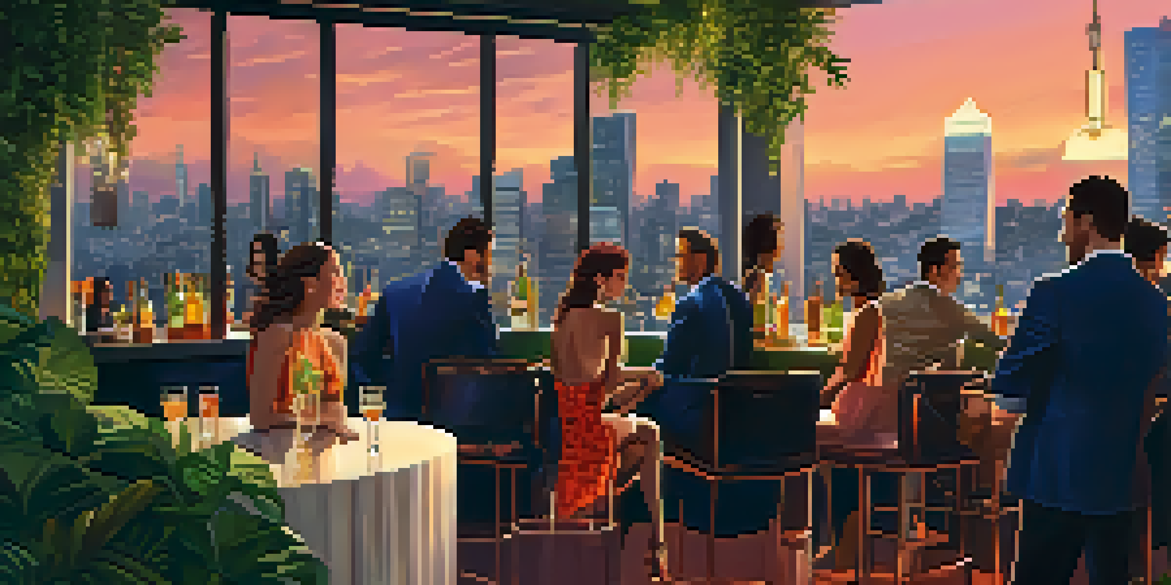 A lively rooftop bar in São Paulo at sunset, with people enjoying drinks against a glowing city skyline.