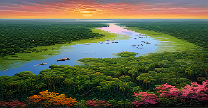 Aerial view of the Pantanal wetlands at sunset, featuring lush greenery, winding waterways, wildflowers, caimans, and a jaguar.