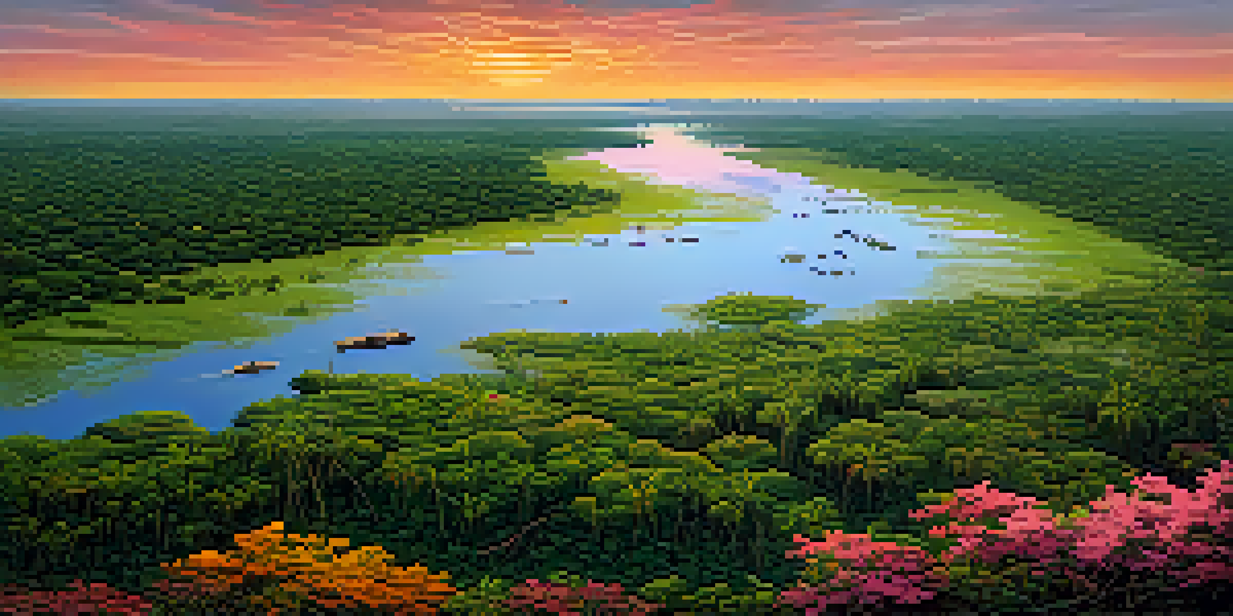 Aerial view of the Pantanal wetlands at sunset, featuring lush greenery, winding waterways, wildflowers, caimans, and a jaguar.