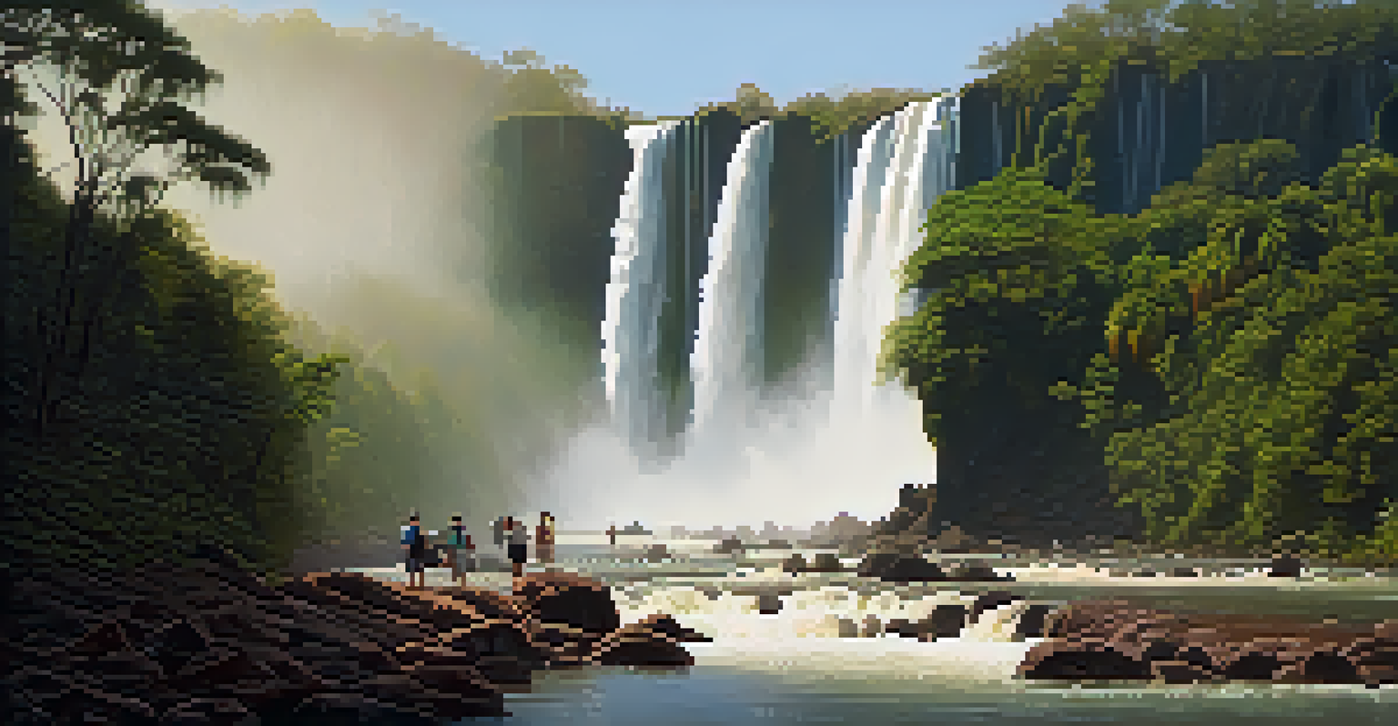 Visitors on a trail near Iguazu Falls, experiencing the powerful Garganta del Diablo with mist and sunlight filtering through the trees.